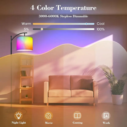 Elegante Arc-Stehleuchte mit Fernbedienung – Anpassbare Helligkeit und Farbtemperatur für ein perfektes Wohnambiente